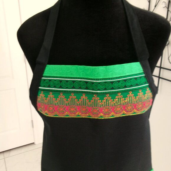 New Black Batik Green Gold Metallic Fuchsia Pink Over the Head Apron Pockets - Picture 6 of 12